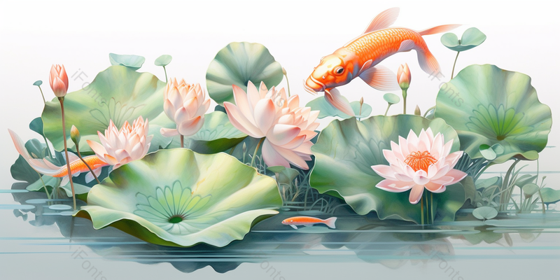 夏天荷花在池塘里绽放锦鲤在游泳插画背景,插画/手绘图,插画/手绘图库,插画/手绘图下载,插画/手绘